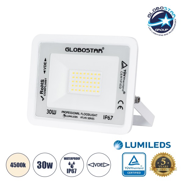 GloboStar® ATLAS 61414 Επαγγελματικός Προβολέας LED 30W 3600lm 120° AC 220-240V Λευκό - Φυσικό Λευκό 4500K - LUMILEDS Chips